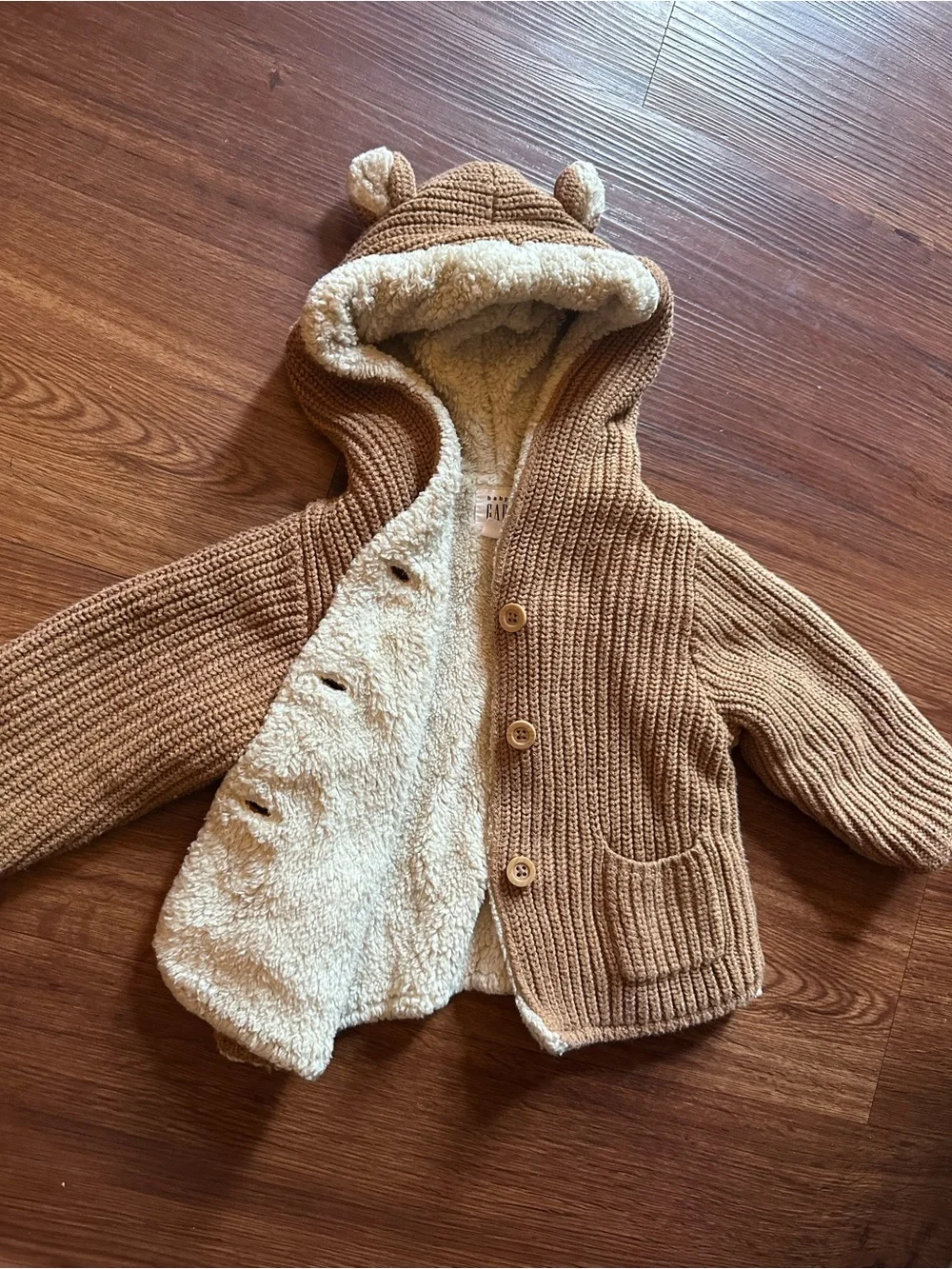 GAP Baby Sherpa-Lined Hooded Cardigan in Light Beige